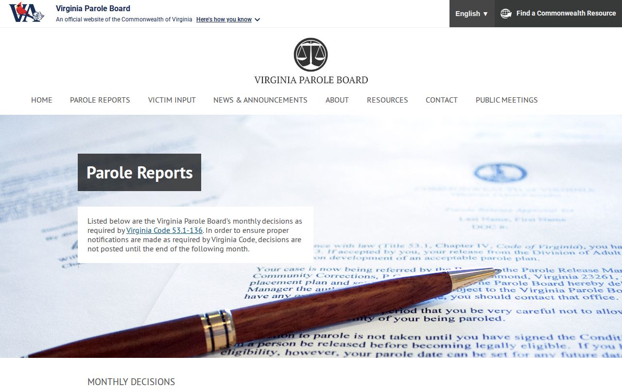 Virginia Parole Board decision archive for Franklin County release checks